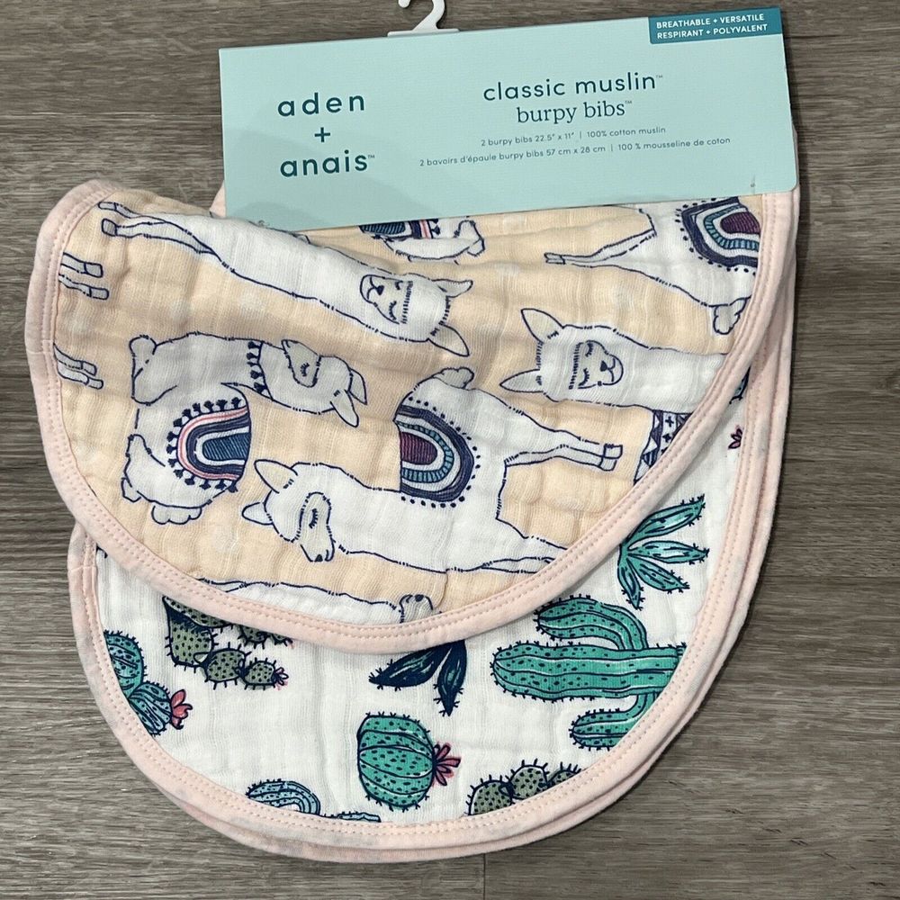 2 Burpy Bibs Aden + Anais Cotton Muslin Trail Blooms Cactus Llama 2-in-1 Use New